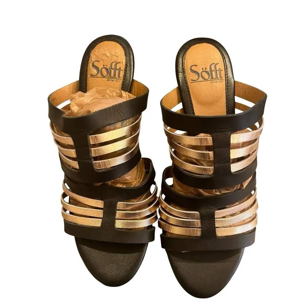 Sofft Leather Slip On Wedge Heels Party Shoes Black / Gold Women’s Size 6.5M